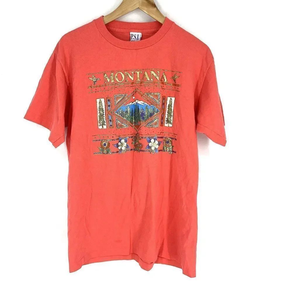 Vintage PSI T Shirt Size Large Pink Montana Gold Foil Single Stitch Crew USA 90s